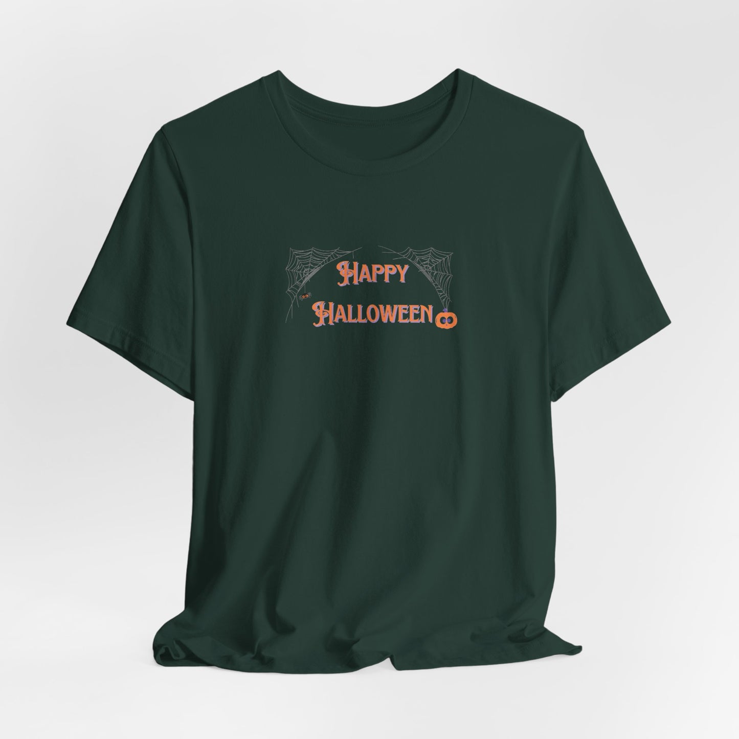 Happy Halloween Unisex Tee with Web, Spider, and Pumpkin