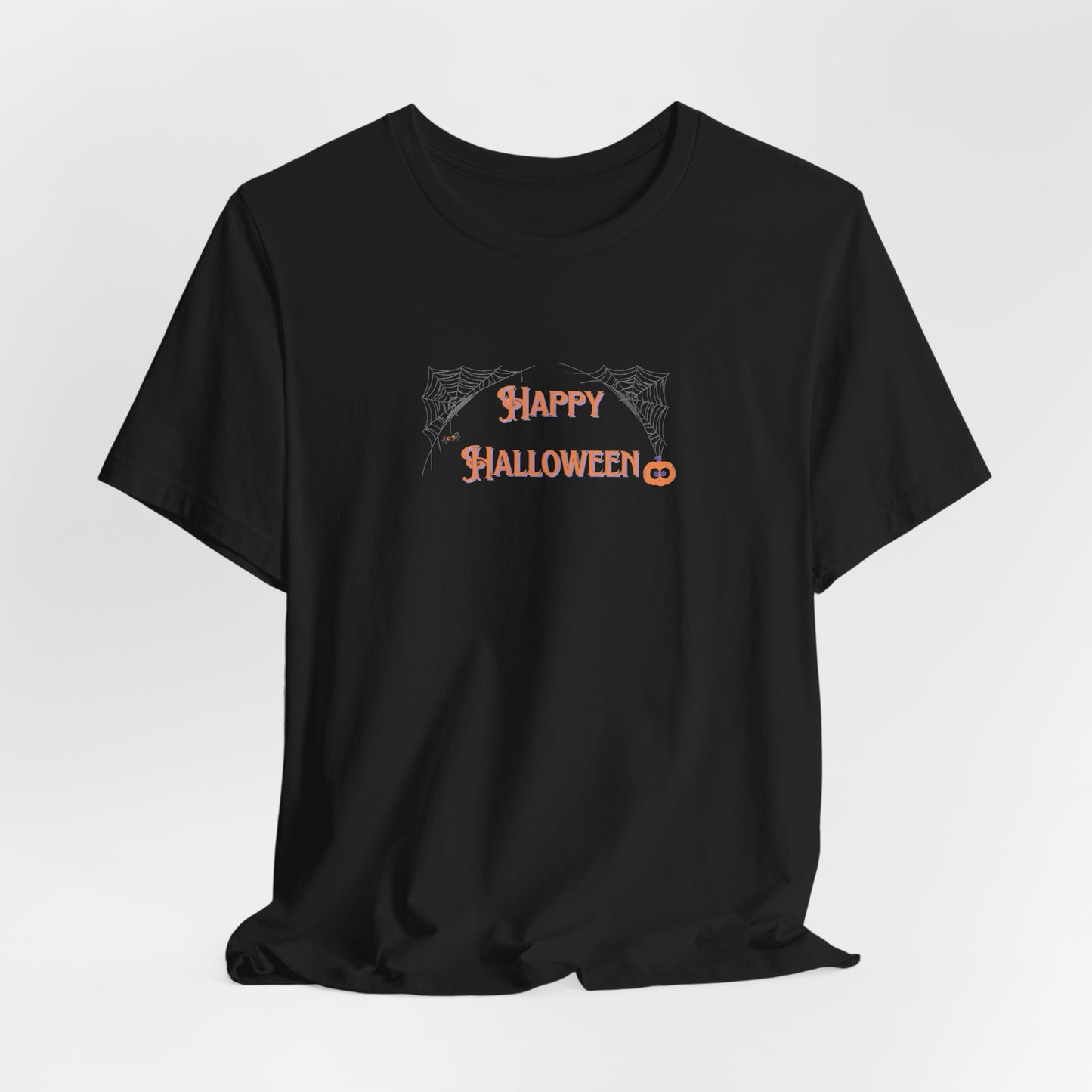 Happy Halloween Unisex Tee with Web, Spider, and Pumpkin