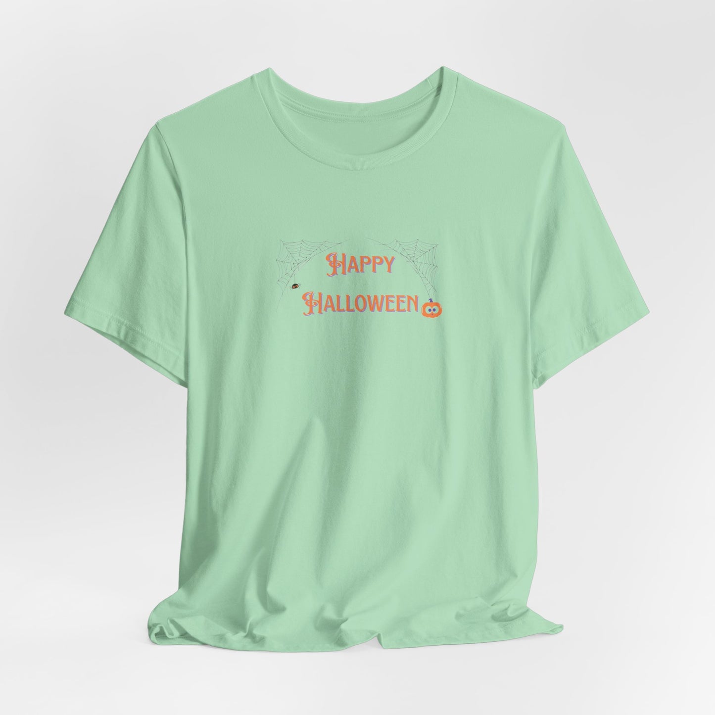 Happy Halloween Unisex Tee with Web, Spider, and Pumpkin