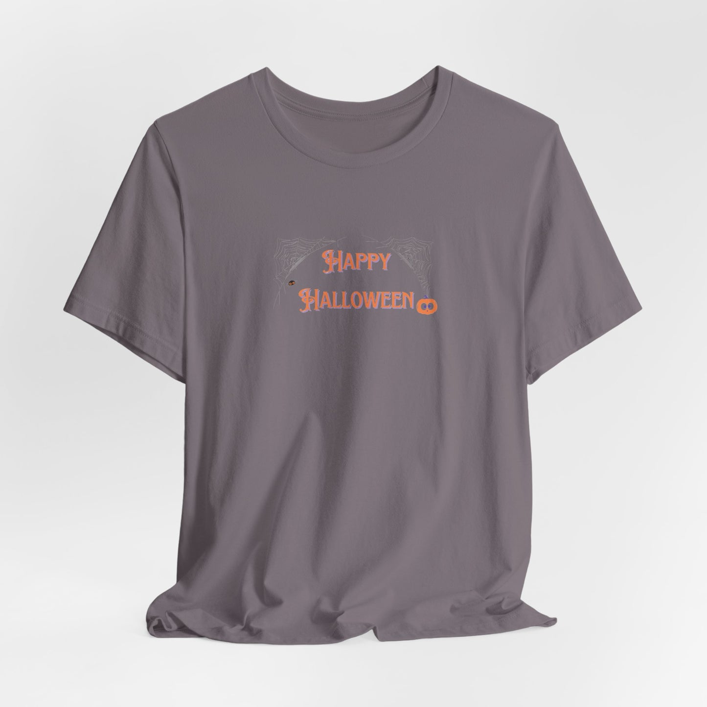 Happy Halloween Unisex Tee with Web, Spider, and Pumpkin