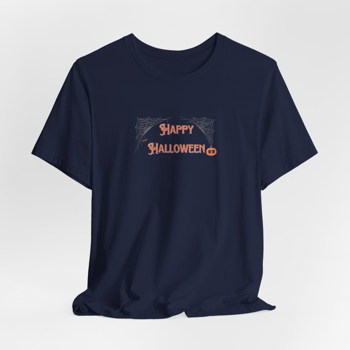 Happy Halloween Unisex Tee with Web, Spider, and Pumpkin