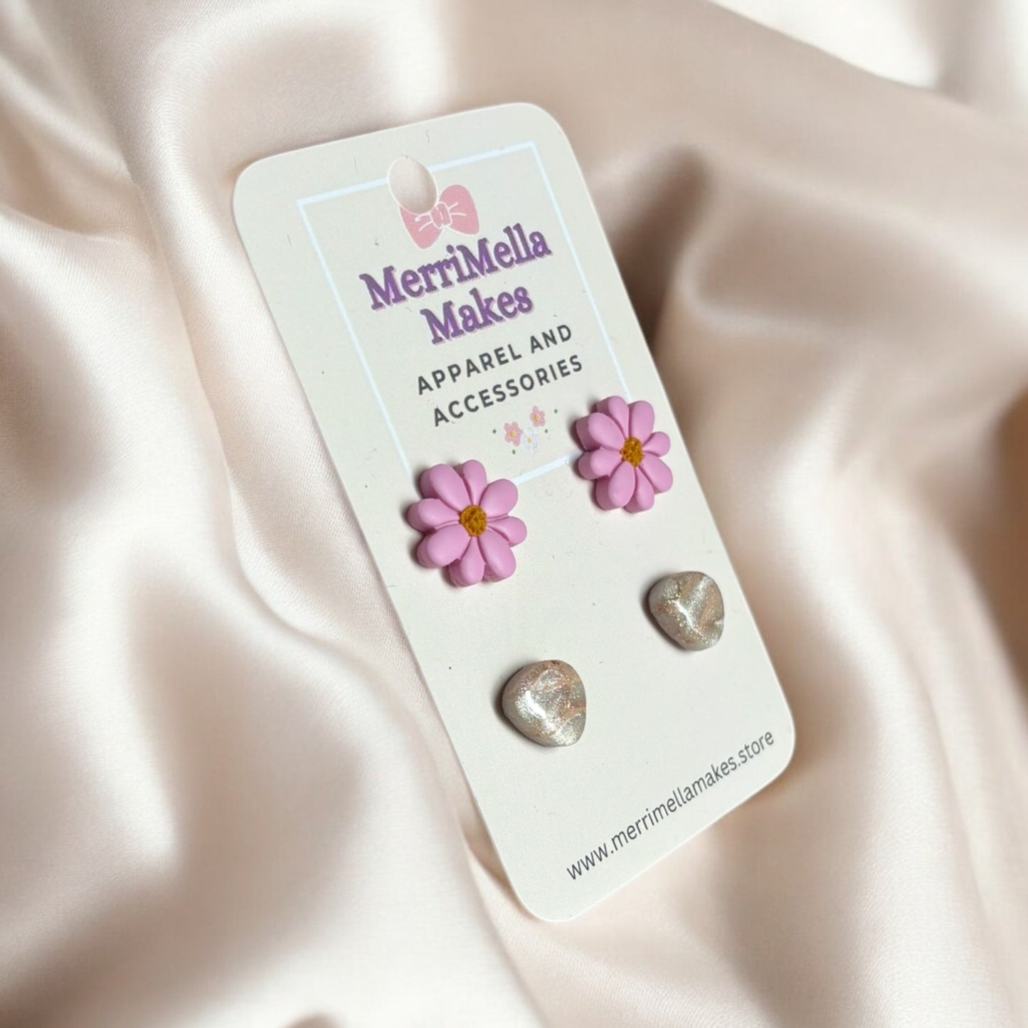 Pinky Flower and Stone Studs