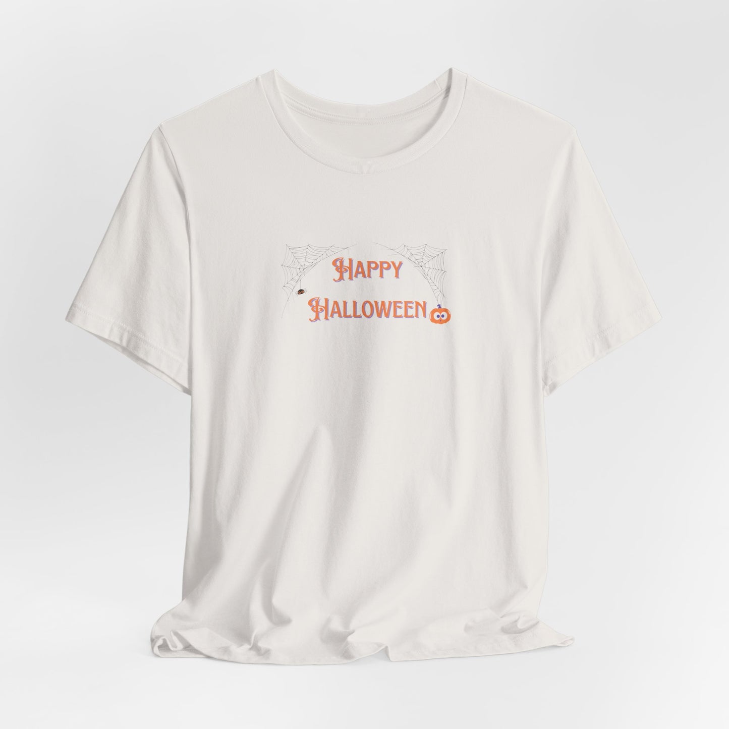 Happy Halloween Unisex Tee with Web, Spider, and Pumpkin