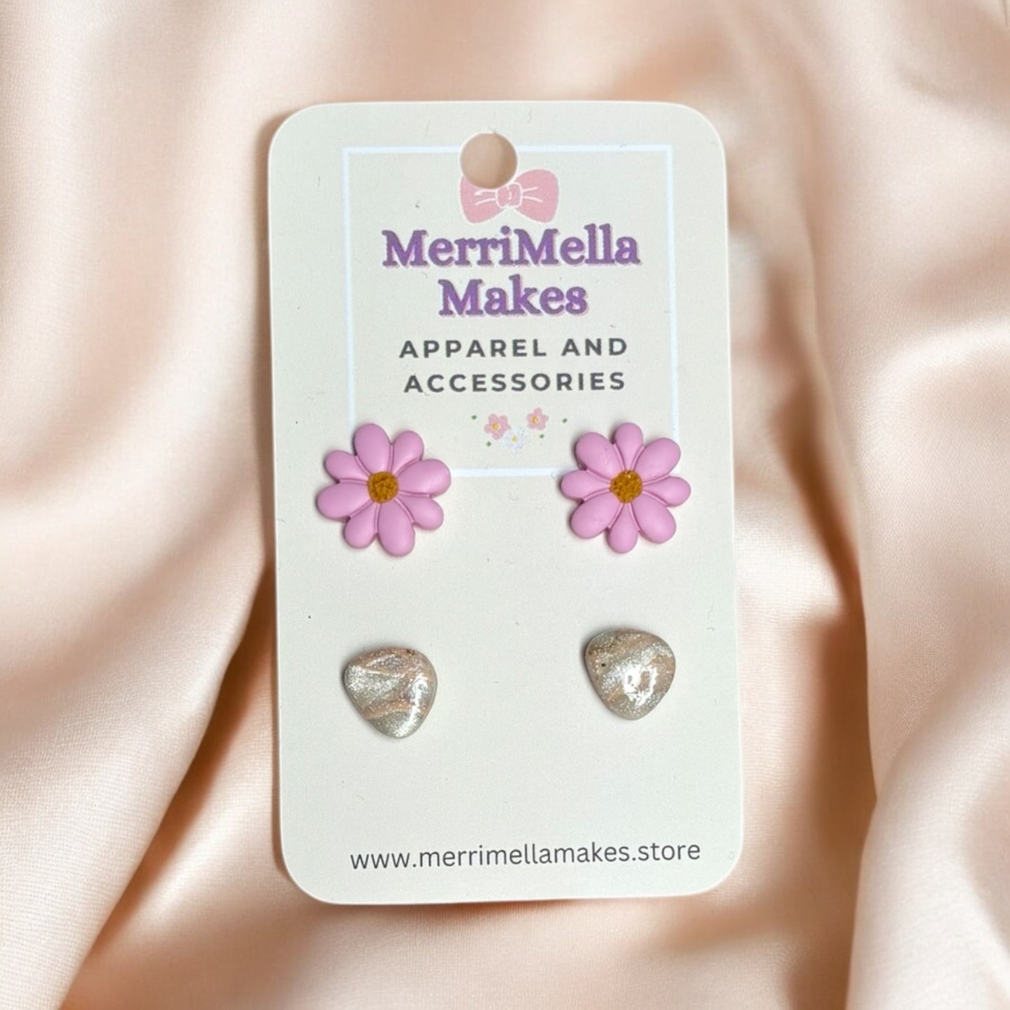 Pinky Flower and Stone Studs