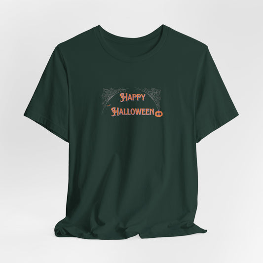 Happy Halloween Unisex Tee with Web, Spider, and Pumpkin