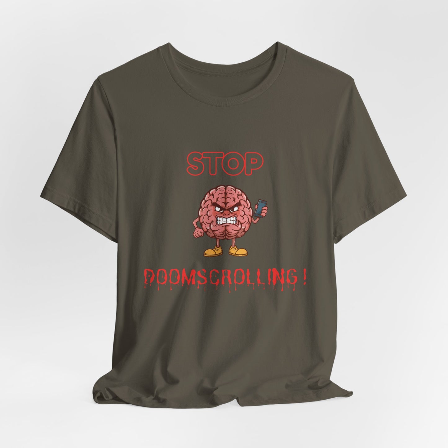 Stop Doomscrolling Tee — Angry Brain with Phone