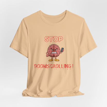 Stop Doomscrolling Tee — Angry Brain with Phone