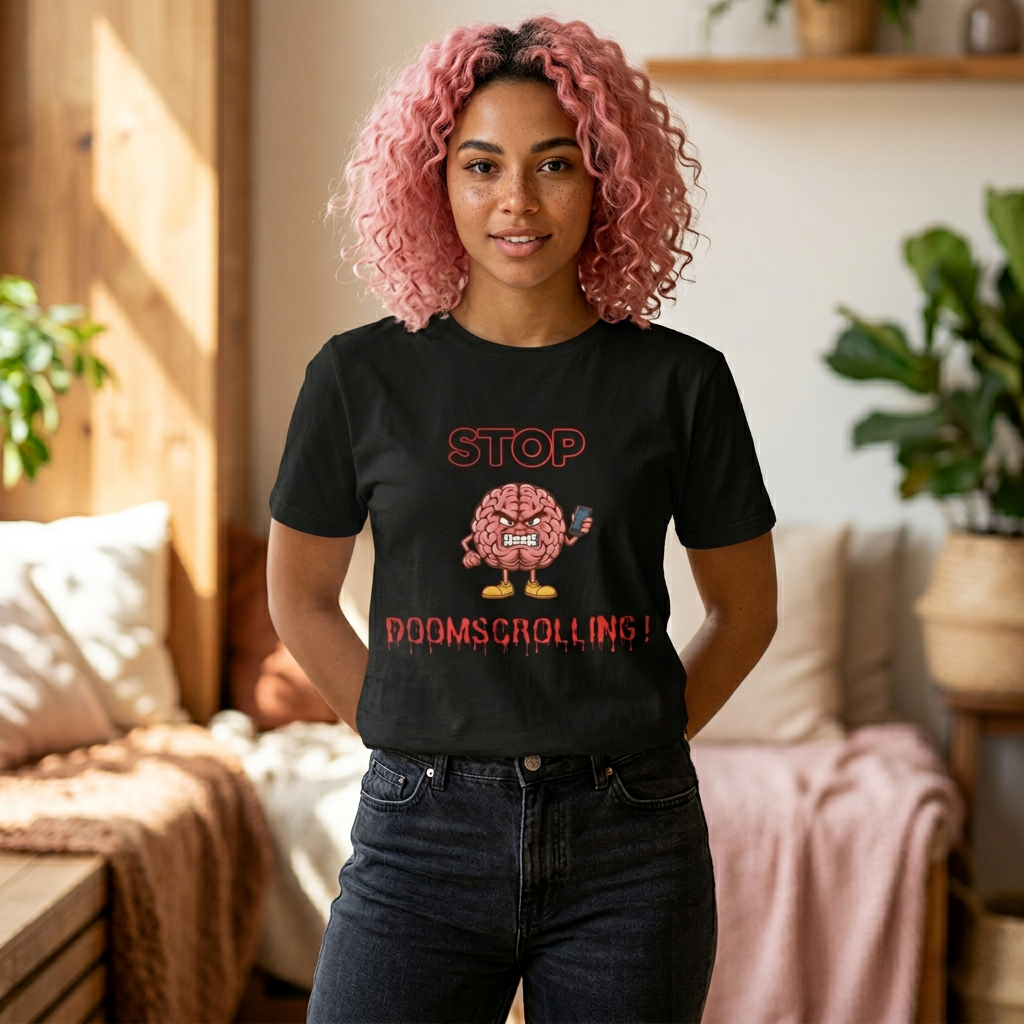 Stop Doomscrolling Tee — Angry Brain with Phone