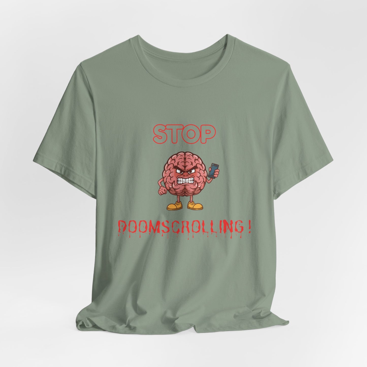 Stop Doomscrolling Tee — Angry Brain with Phone